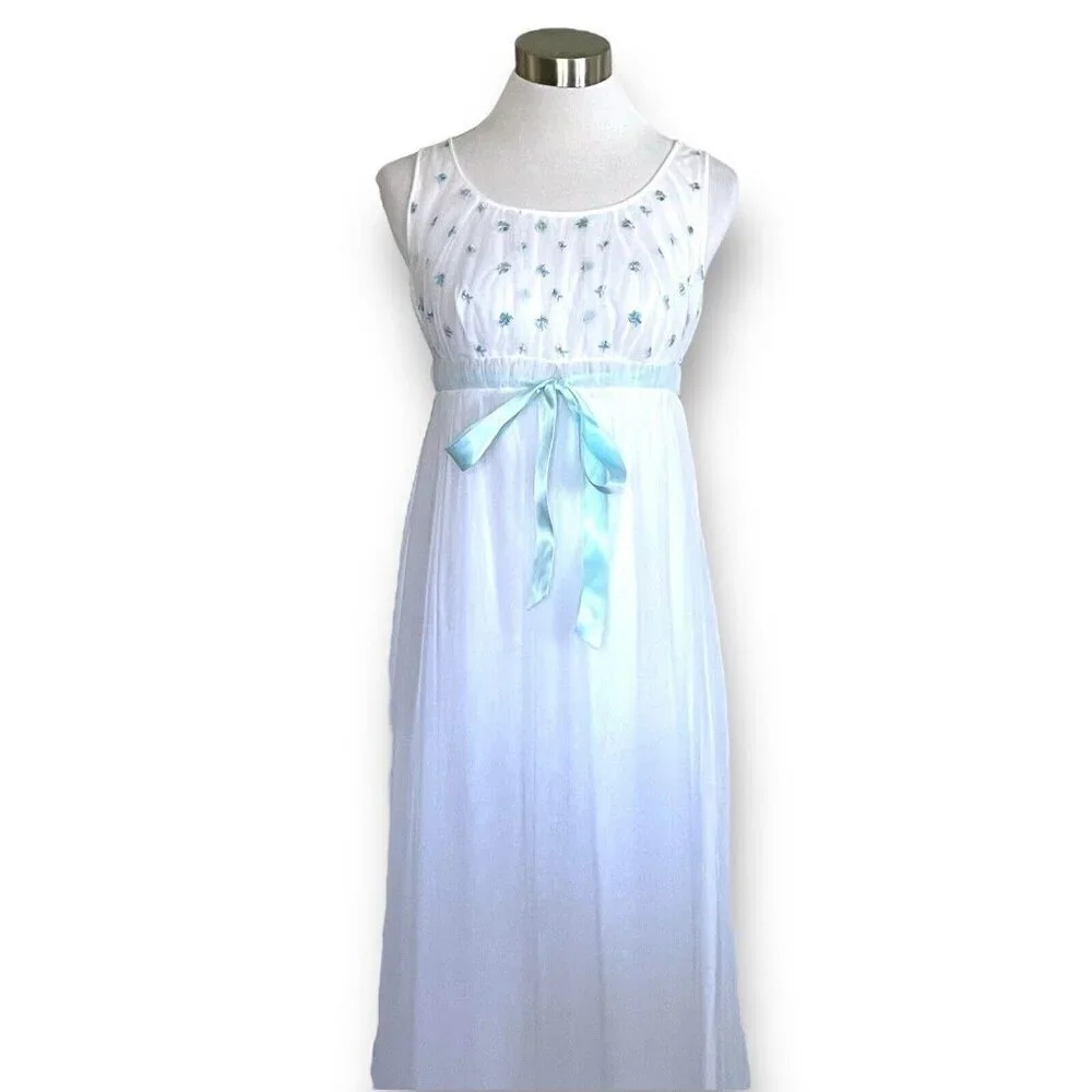 Vintage 1960s Miss Elaine Peignoir Set Sz P Petite White Blue Nylon Robe Gown